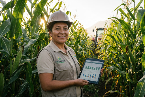 Ingeniero agrícola en campo revisando información operativa en una tableta