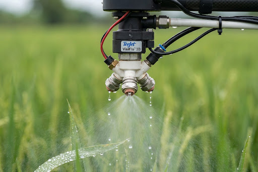 Boquilla de drone agrícola aplicando fertilizante con precisión